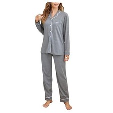 Tugege Pajamas Set Long Sleeve Sleepwear Womens Button Down Medium Grey a