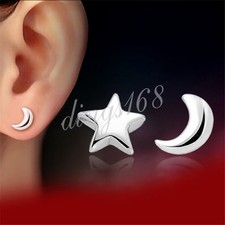 Girl's 925 Sterling Silver Cute Star/Moon Asymmetrical Stud Post Earrings F1293