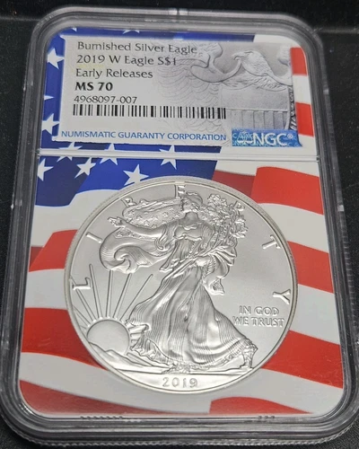 2019 W Burnished $1 Silver Eagle NGC MS70 Early Releases (US Flag Frame Holder)!