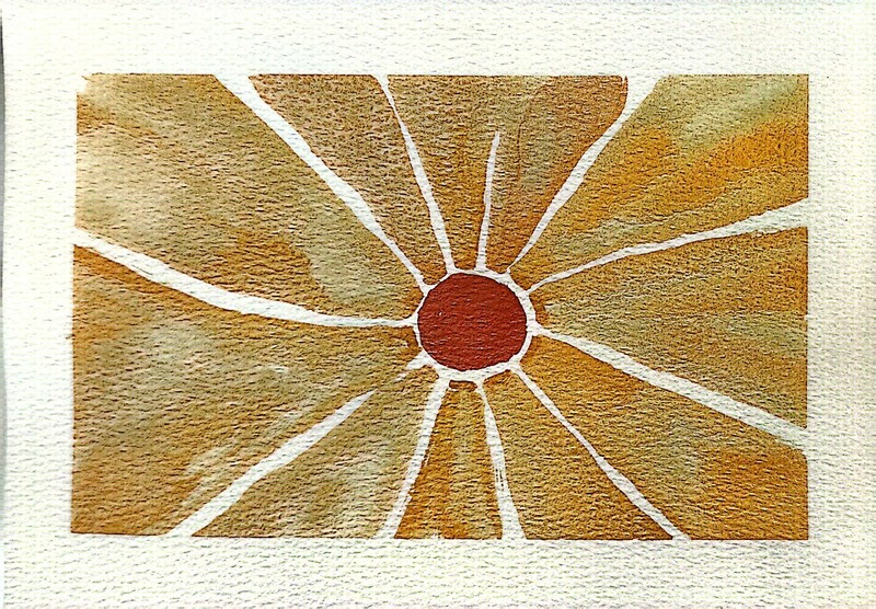 Red Sun Golden Sky Contemporary Expressionist Original Watercolor Painting 5x7