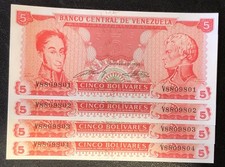 (4)x Venezuela 1989 5 Bolivares Bolivar CONSECUTIVE SERIAL # s Banknotes LOT UNC