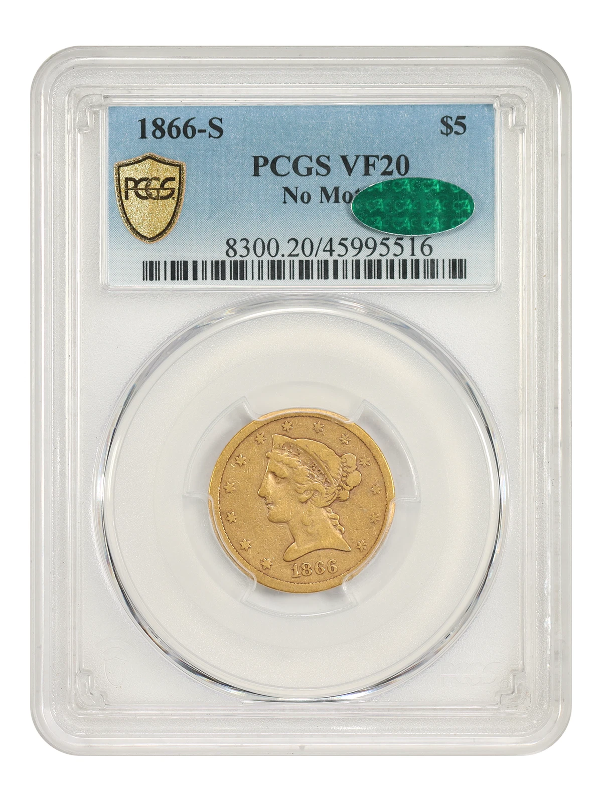 1866-S $5 PCGS/CAC VF20 (No Motto) - Liberty Head $5