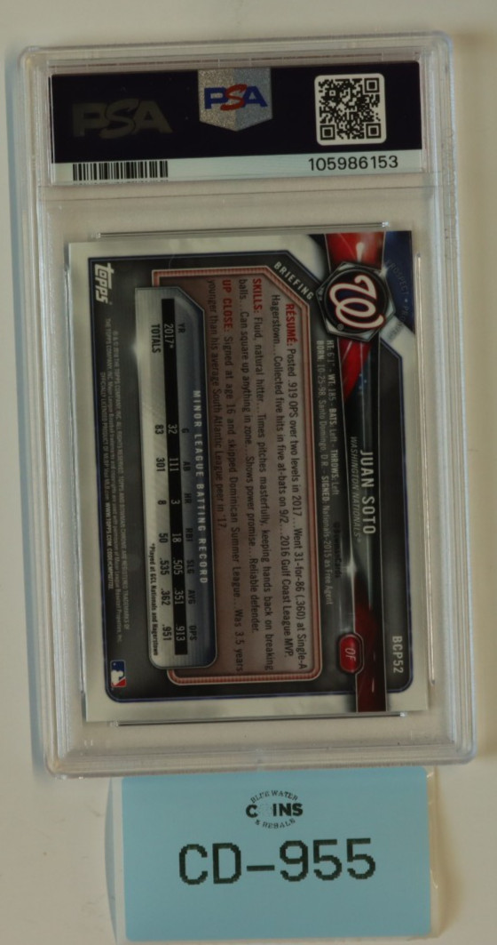 Juan Soto 2018 Bowman Mojo Refractor Mega Box Chrome Prospects RC PSA 10 CD-955 view 2