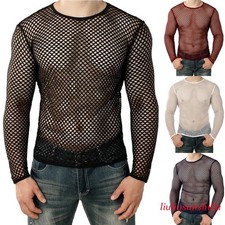 Mens Mesh Fishnet Fitted Long Muscle Tops T Shirt See Sleeve Through Tops Tees