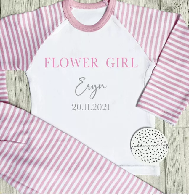 PERSONALISED FLOWER GIRL PYJAMAS Wedding Gift Pink White PJs