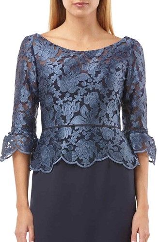 JS COLLECTIONS Navy Embroidered Mesh Lace Peplum 3/4 Bell Sleeve Maxi Gown 14 L - Picture 3 of 4