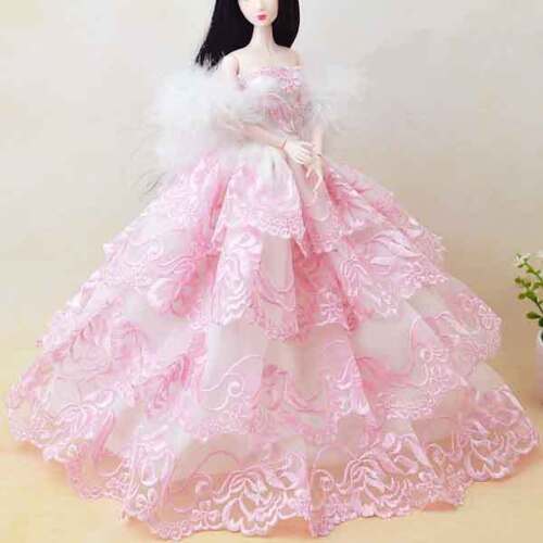 Pretty Barbie Pink Rose Embroidery White 4 Layer Sheer Lace Dress Gown + Shawl - Picture 1 of 7