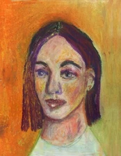 Expressive Original Portrait Painting 9x12 Orange Naive Woman Wall Art Miz Katie
