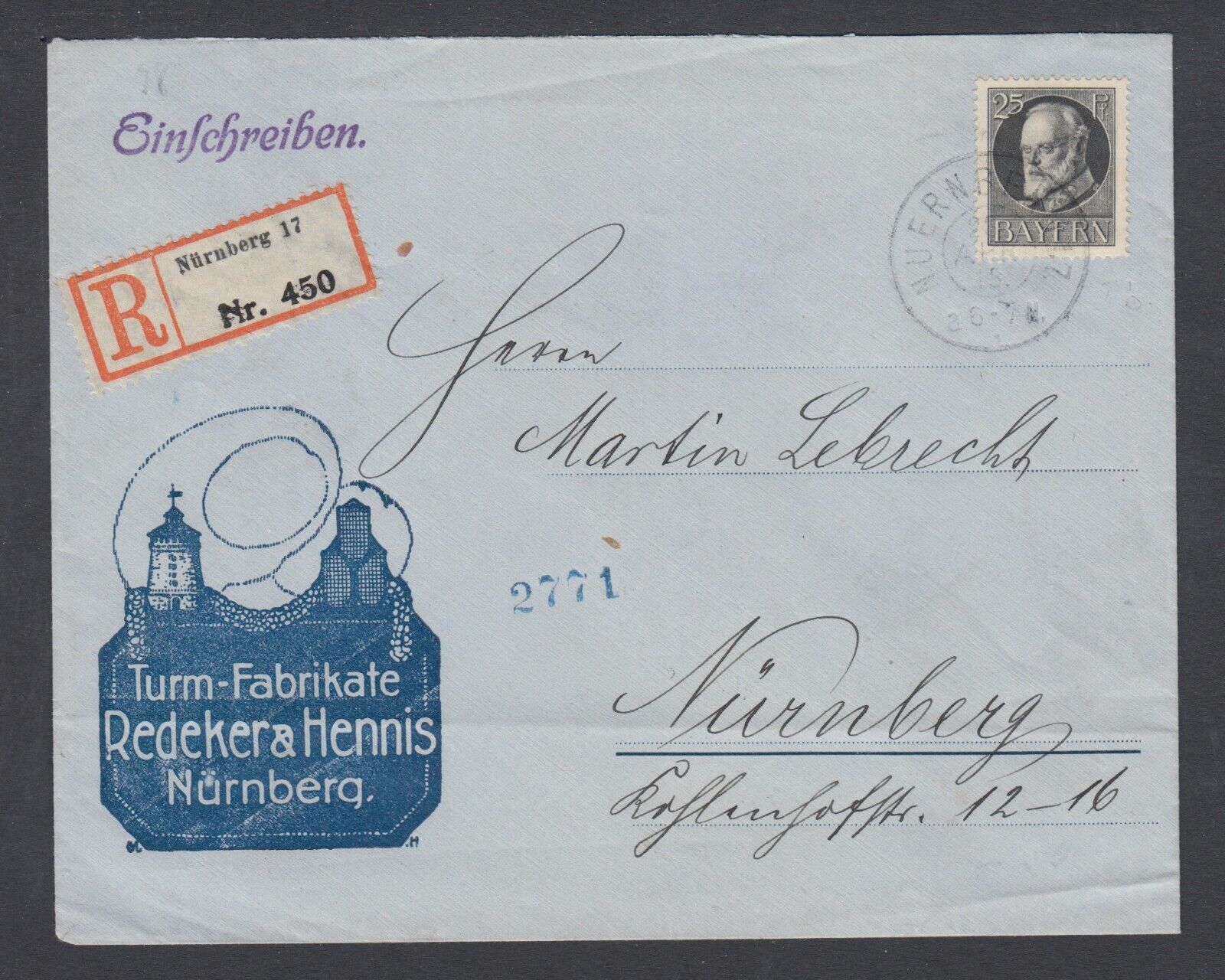 Bavaria Sc 103 on 1915 Registered Advertising Cover with 5pf Roten Kreuzes Seal Korzystny klasyk