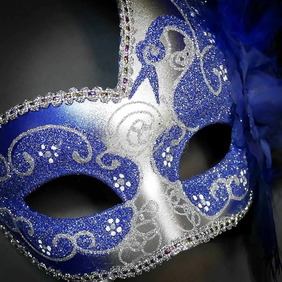 Handheld Stick Mask | Feather Masquerade Mask Blue Silver - Image 2 of 4