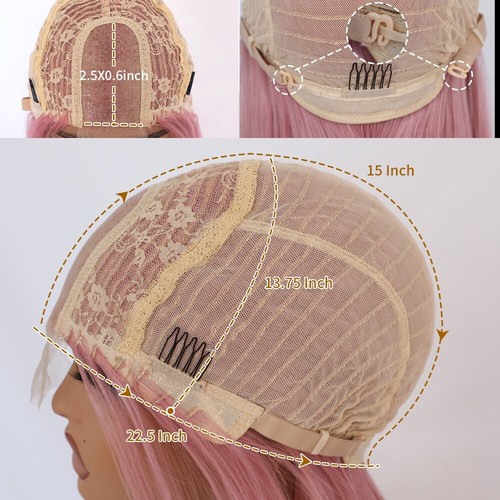 Synthetic Lace Frontal Wigs Long Straight Pink Hair Heat Resistant Women Party - Picture 8 of 9