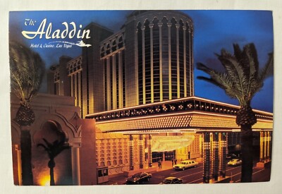 THE ALADDIN HOTEL and CASINO souvenir postcard LAS VEGAS palm trees CITY LIFE 