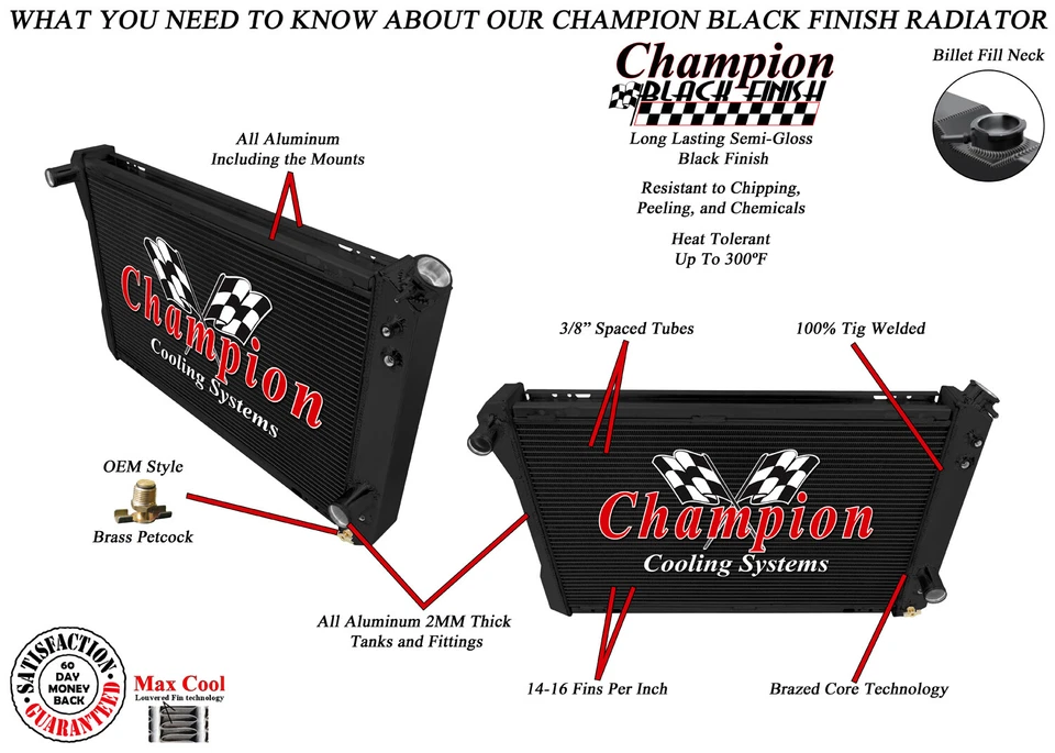 ER Champion 3 Row Black Finish Radiator for 1982-1992 Pontiac Firebird Trans Am - Изображение 3 из 4