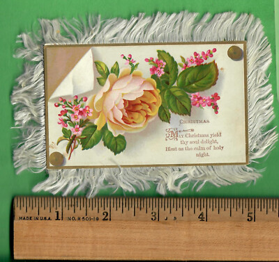 c 1890 FRINGED CHRISTMAS & CHRISTMAS-TIDE GREETING CARD - 2.5'' X 4.25'' ROSES