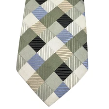 GEOFFREY BEENE Tie Men's Silk Necktie Green Brown Plaid Handmade 60" x 3.75"