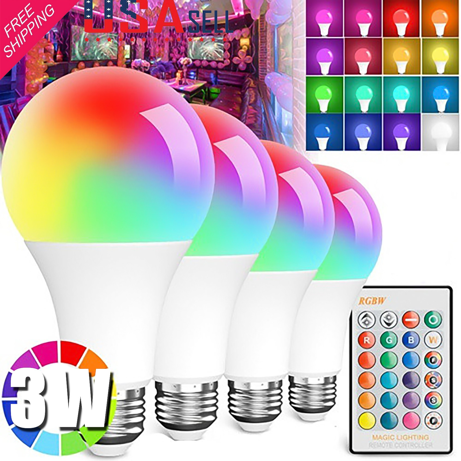 3W E26 E27 16 Color Changing Light Bulb w/ Remote Control Di