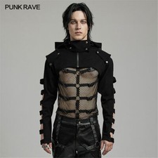 PUNK RAVE Men Black Steampunk Punk Rock Gothic Long Sleeve Short hooded Jacket