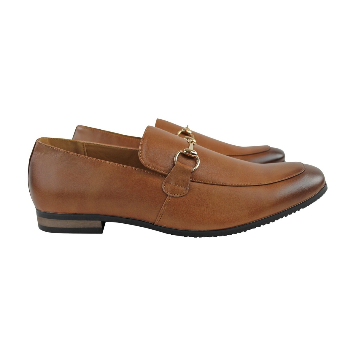 Genuine Leather Mens Cognac Brown Slip On Loafers Gold 