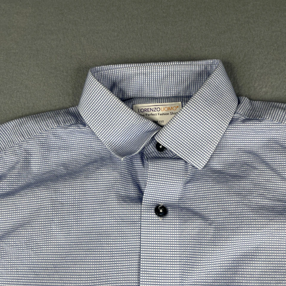 Lorenzo UOMO Shirt 15.5 Blue Mini Check Trim Fit Button Up Long Sleeve Mens - Image 3 of 4