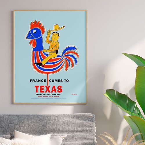 France Comes to Texas 1957 Exhibition Poster by Savignac, no frame, Matte Paper - Picture 5 of 6