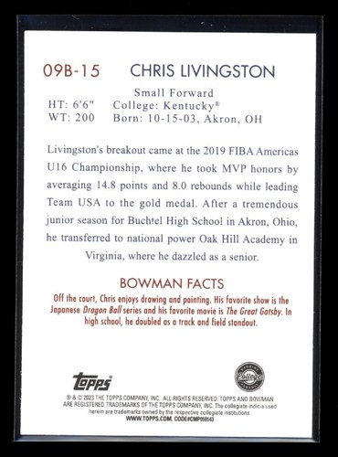 CHRIS LIVINGSTON 2022-23 Bowman Chrome University 2009 Bowman #09B-15 - Picture 2 of 2