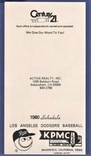 MLB BASEBALL 1980 LOS ANGELES DODGERS OVERSIZE schedule KPMC ACTIVE REALTY, INC