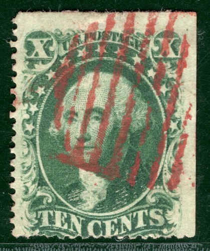 USA Classic Stamp Scott.35 10c Green TYPE V (1859) Used RED BARS Cancel ORANGE81 - Picture 4 of 6