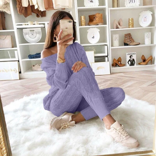 Women Cable-knit Loungewear Sweater & Pants Set Casual Outfits 2 Pcs Size - Picture 7 of 45