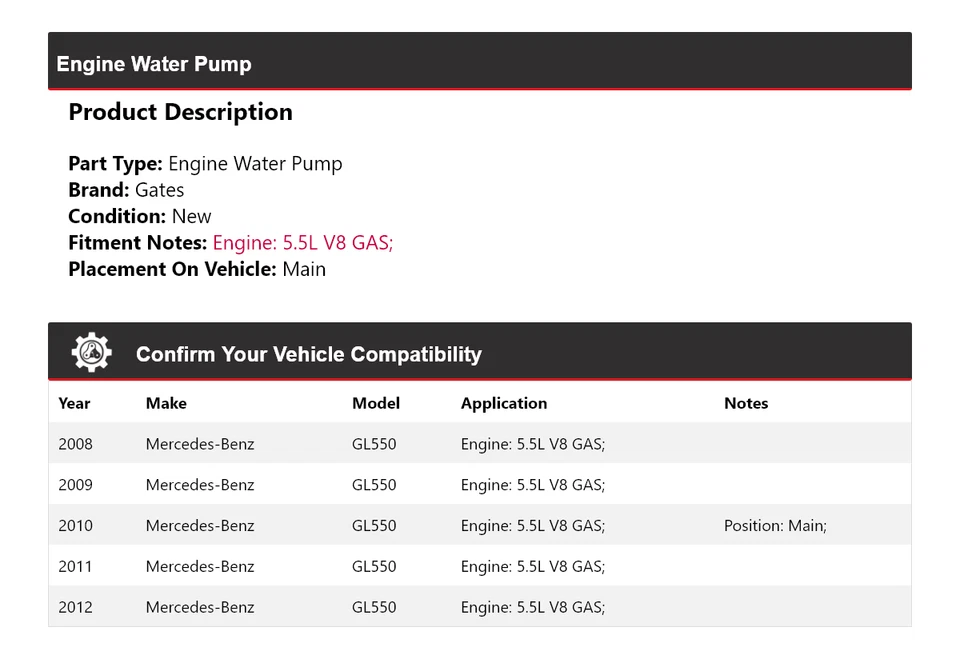 Para Mercedes-Benz GL550 2008-2012 5,5 L V8 motor gasolina bomba agua puertas 2009 2010 Foto 2 de 4