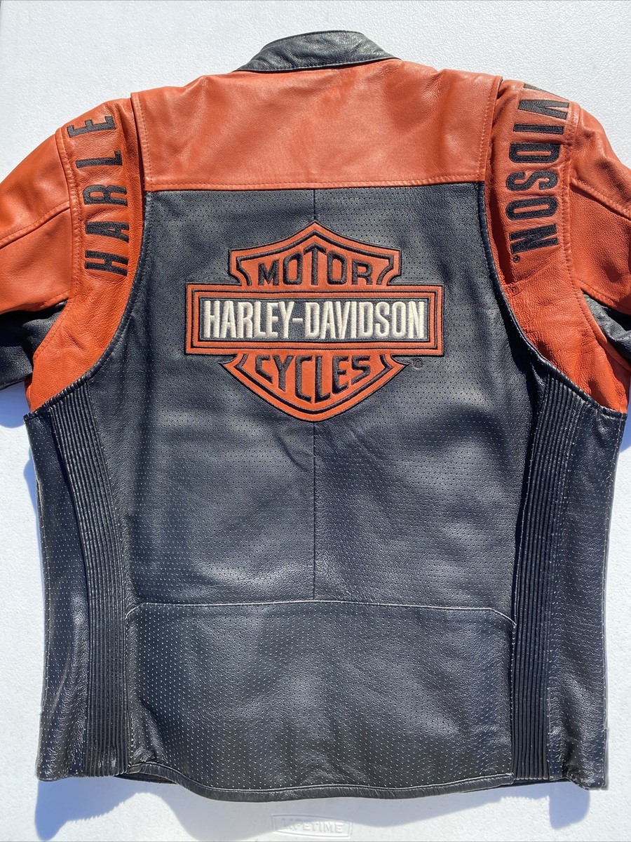 Harley Davidson Men Perforated Leather Jacket Orange Large w 