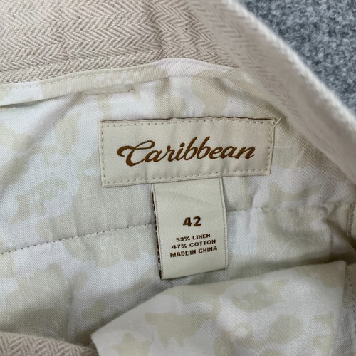 Caribbean Pleated Shorts Mens 42 Cream Herringbone Pattern Linen Cotton Blend - Picture 4 of 7