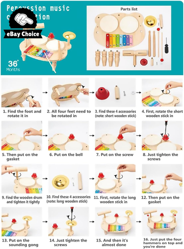Kids Drum Set Musical Montessori Wooden Instruments Xylophone Toy Ages 1-6 - Picture 7 of 12
