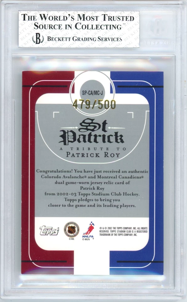 Patrick Roy BGS 8: 2002-03 Stadium Club St. Patrick Relics Dual Game Used /500 - Image 2 of 3
