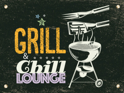 Holzschild 30x40 Grill & Chill Lounge grau rosa  Wand Deko Cafe Sammler Geschenk