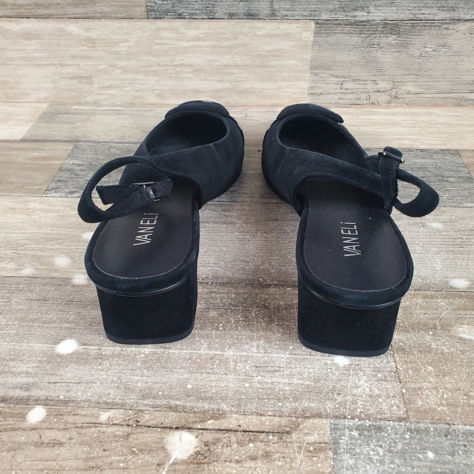 Zapatos de salón Vaneli Lomie para mujer talla 9 M tacón alto negro gamuza charol correa con correa trasera Foto 3 de 4