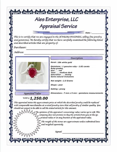 GENUINE 1.06 Cts RUBY SOLITAIRE RING 10K WHITE GOLD - Free Certificate Appraisal - Picture 6 of 7