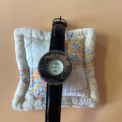 Strada Black Patent Leather Rose Gold Black Gemstones Water Resistant Watch