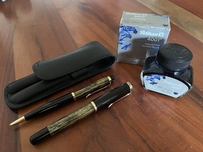 Pelikan 400 OM 14C Gold Füller, 450 Druckbleistift Schildpattbraun, Leder Etui