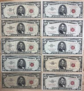 Lot of 10x 1953 & 1963 $5 Five Dollar RED SEAL Legal Tender United States Notes