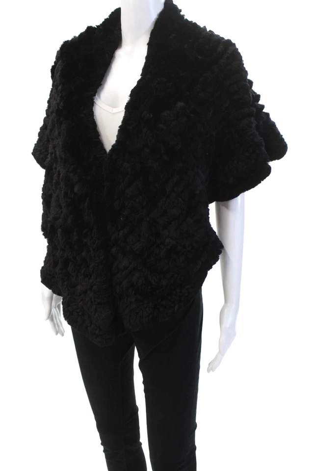 Bufanda chal negro con cierre de gancho de piel de conejo de diseñador para mujer OS Foto 2 de 4