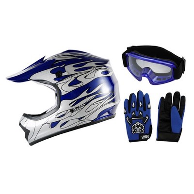 DOT Youth Blue Flame Dirt Bike ATV MX Motocross Helmet Goggles+Gloves S/M/L/XL