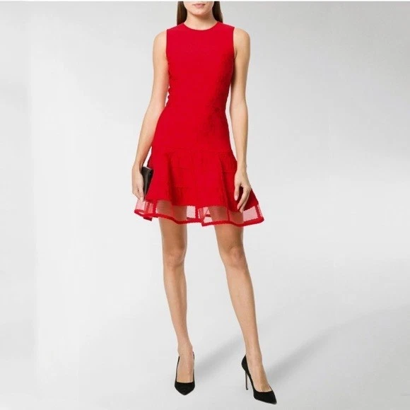 Alexander McQueen — ALEXANDER MCQUEEN Patchwork Mini Dress Red Embroidered Tulle Sheer L US 10 NWOT