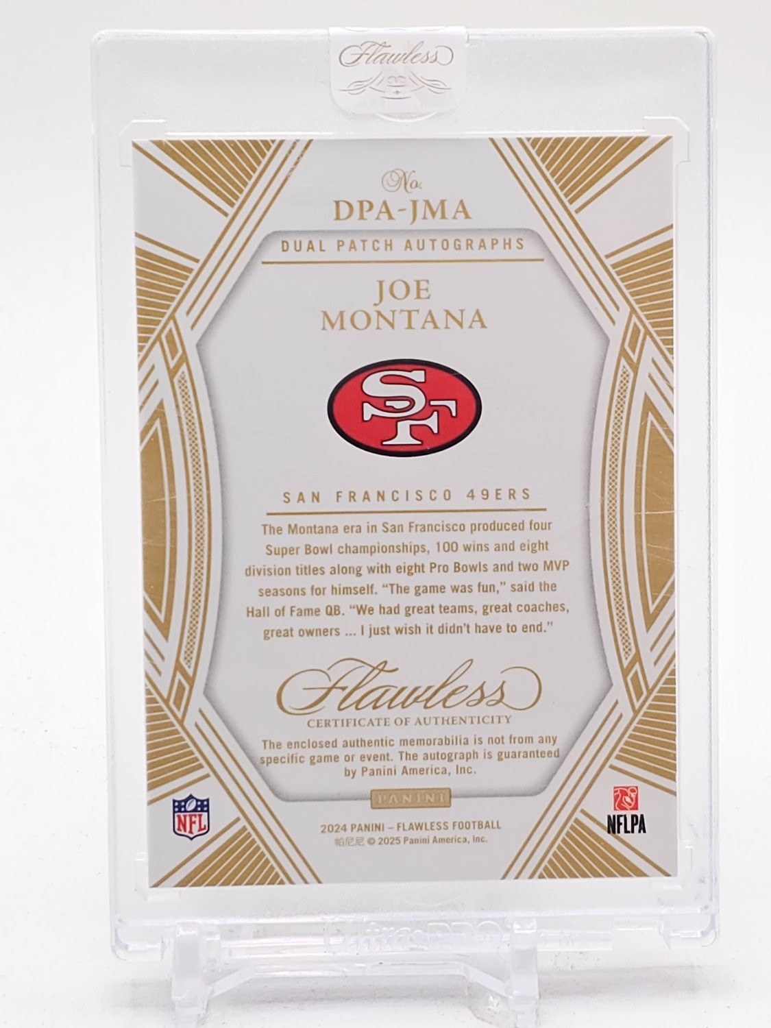 JOE MONTANA 2024 PANINI FLAWLESS DUAL PATCH AUTO RUBY /15 #DPA-JMA 49ERS Q4409 view 2