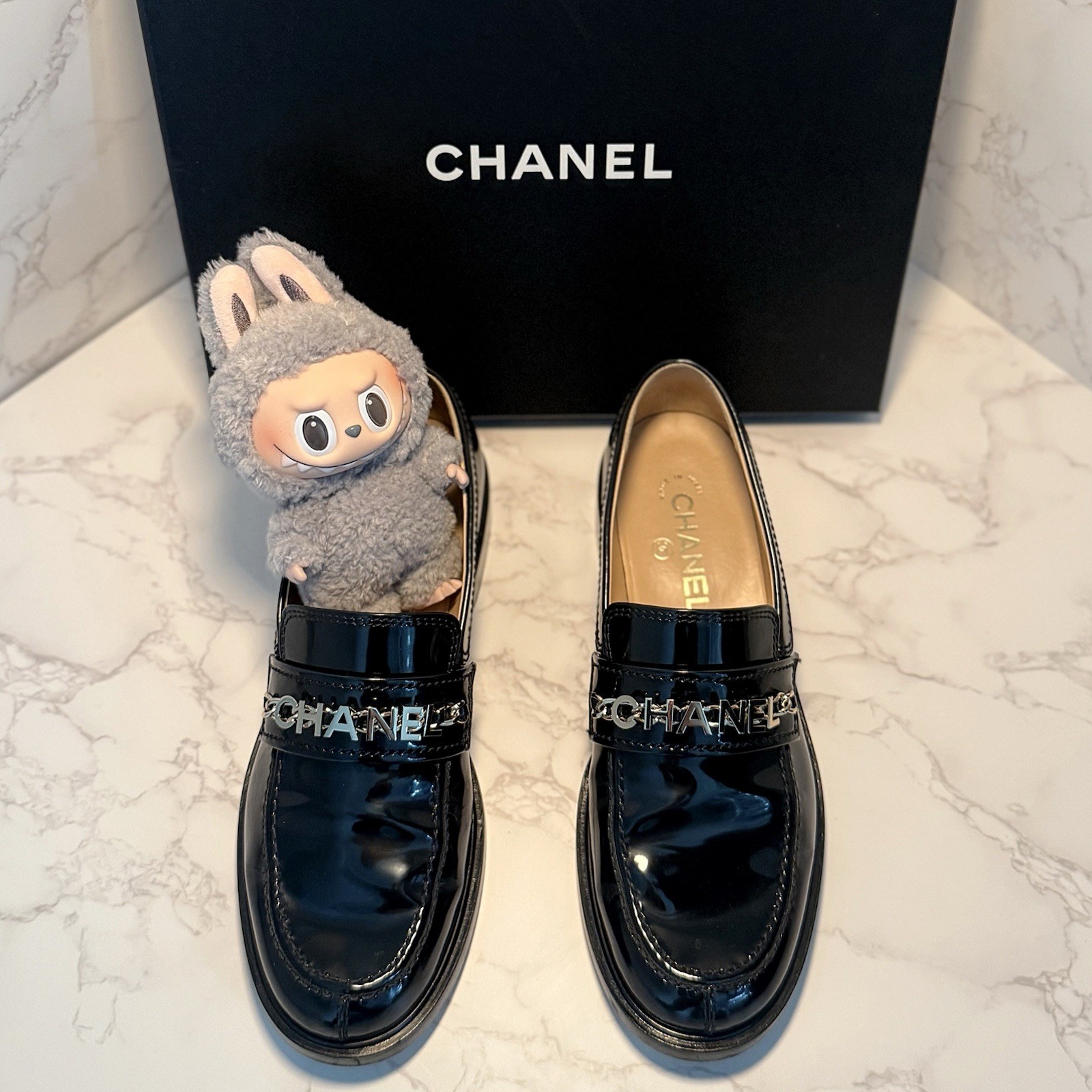 Chanel Black Calfskin Loafers Size 39 with Free Labubu Gift