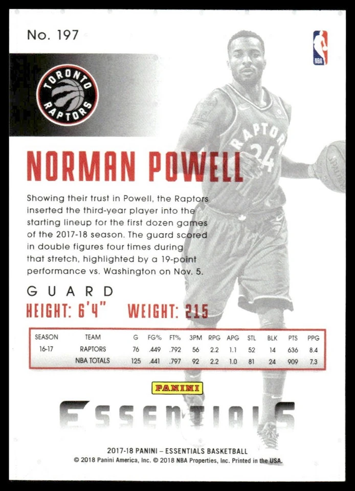 2017-18 Panini Essentials #197 Norman Powell Retail - Image 2 of 2