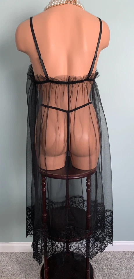 全新 SHEER 雪纺睡衣 Negligee 1X 内裤缎面丝带 2 件套 — 第 3/4 张图片