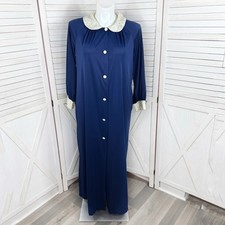 Shadowline Vintage Housecoat Women Large Blue Lace Collar Robe Long Sleeve Butto