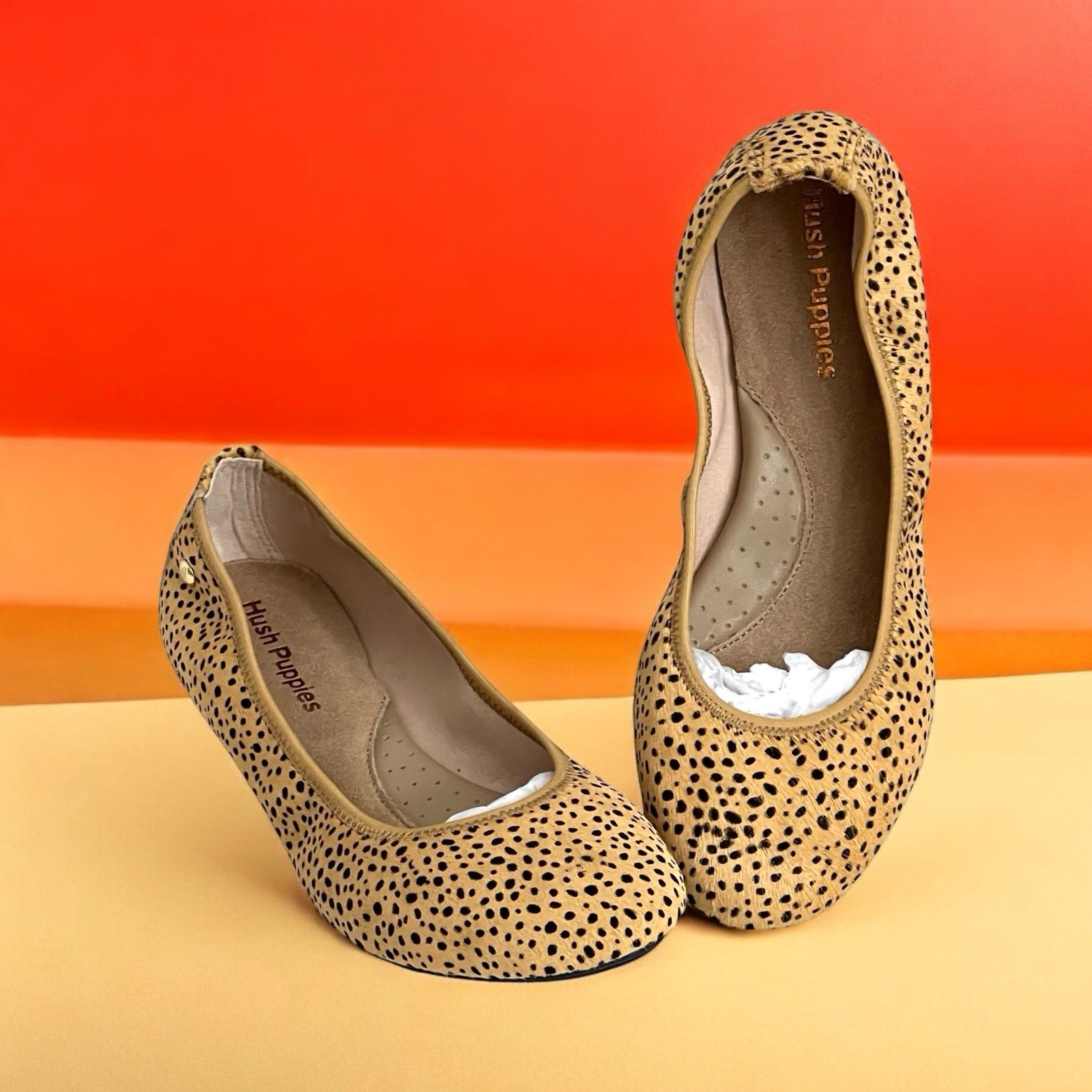 SAOLA Ballerine Hush Puppies slip on taglia 6 capelli di vitello maculati suola in gomma pelle