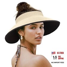 Straw Sun Visor Hat for Women Wide Brim Summer Beach Sun Hat Roll Up Beige
