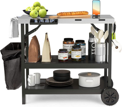 3-Shelf Outdoor Grill Dining Cart, Movable Food Prep Cart Table with Adjustable